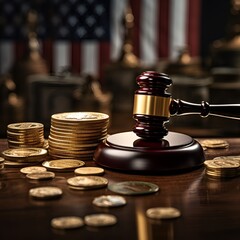 judge gavel and pile of gold coins and american flag background, ai generative - obrazy, fototapety, plakaty
