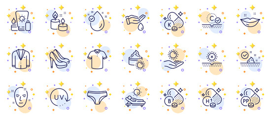 Outline set of T-shirt, No sun and Uv protection line icons for web app. Include Sunscreen, Sun protection, Health skin pictogram icons. Panties, Skin care, Vitamin h1 signs. Shoes. Vector