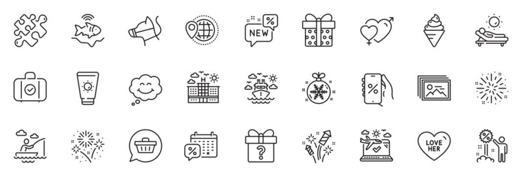 Icons pack as Shopping cart, Discounts calendar and Fireworks rocket line icons for app include Secret gift, Fireworks, Carry-on baggage outline thin icon web set. Smile, Christmas ball. Vector