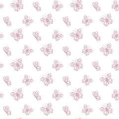 Pink butterfly seamless pattern for textile or wallpaper, vector background hand drawn insect
