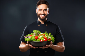 Man holding bowl of salad with tomatoes and lettuce.