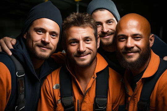 Group Of Men Standing Next To Each Other Wearing Orange Shirts.