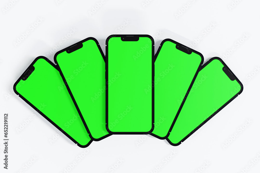 Wall mural set of mobile phone with blank green screen, mockup for web design web pages or banner, promotion, 3