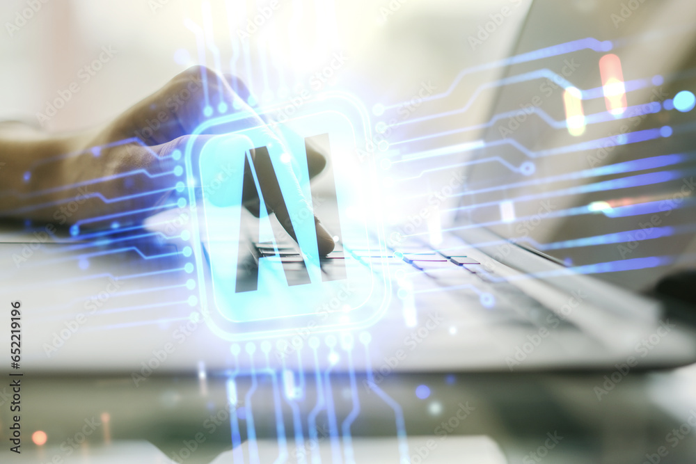 Poster double exposure of creative artificial intelligence icon with hands typing on laptop on background. 