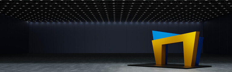 Yellow and blue booth exhibition stand arch in hall for product fair show, 3D rendering.