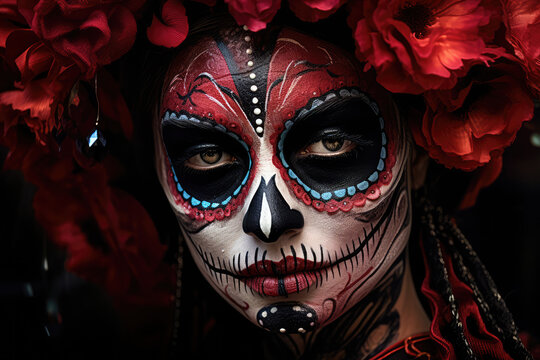 Dia de los muertos, Day of The Dead, a Woman with sugar skull makeup