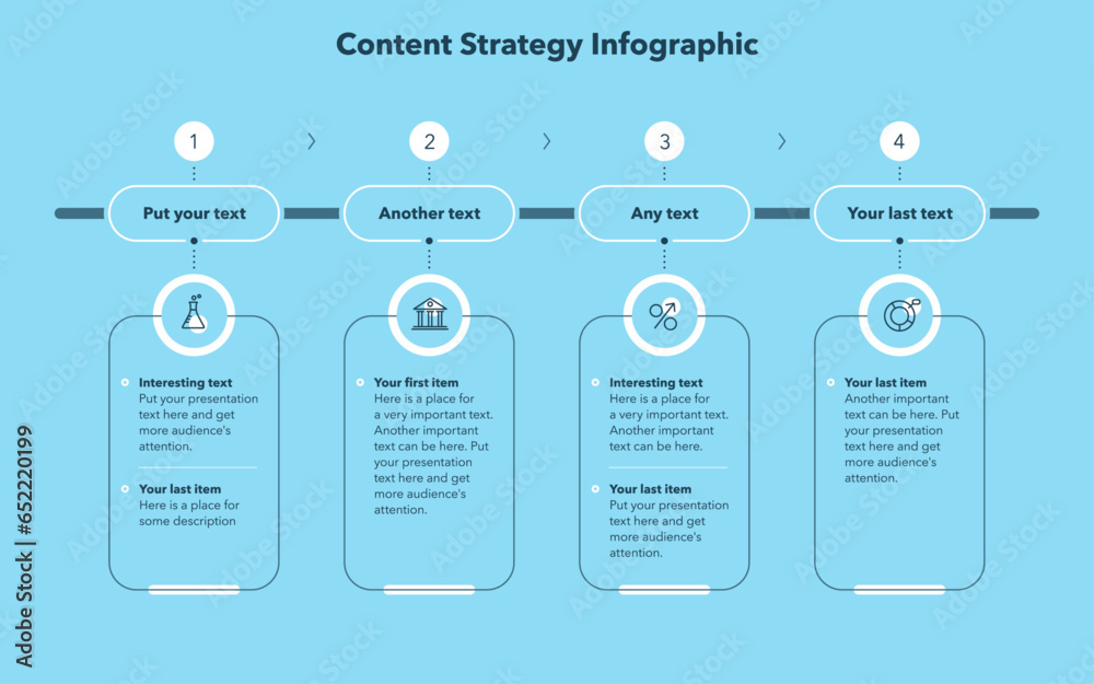 Aufkleber Content strategy template with four stages and place for your text - blue version. Presentation template with thin lines and minimalistic icons.