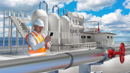 Man is industrialist. Technologist near chemical factory. Gas storage tanks behind worker. Man manufactory technologist with phone and documentation. Chemical factory in summer weather