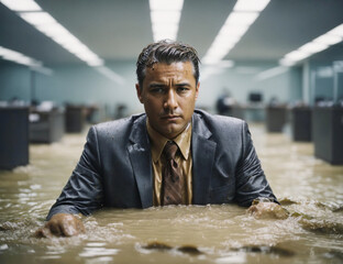 businessman drowning in office flood - obrazy, fototapety, plakaty
