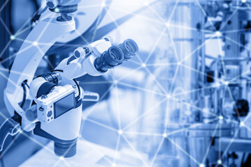 Electronic microscope. Scientific equipment. Fragment of microscope in laboratory. Scientific...
