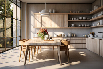 Fototapeta na wymiar modern interior of an open kitchen in a light style with panoramic windows