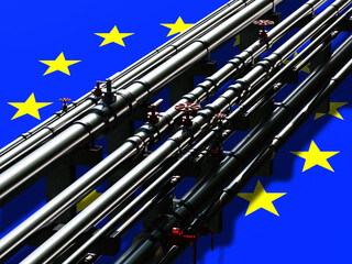 Pipeline with European Union flag. Pipes with EU symbol. Oil import pipeline. Pipes for gas export...