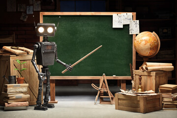 Humanoid robot is explaining something at the blackboard. Classroom interior with educational...