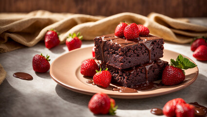 Chocolate brownie cake with strawberries