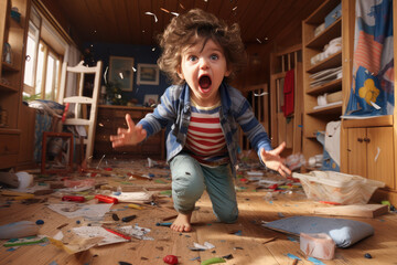 the happy toddler and messy floor in an empty room