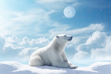 Relaxed polar bear lookin at the sky with blue colors and cool tones. Generative AI