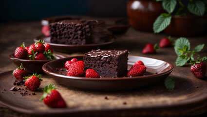 Chocolate brownie cake with strawberries - obrazy, fototapety, plakaty
