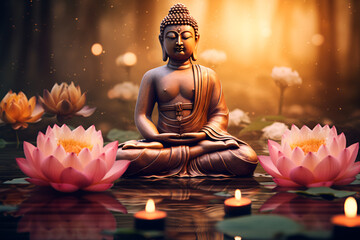 Buddha statue among candles and lotus flowers, blurred golden background 6 - obrazy, fototapety, plakaty