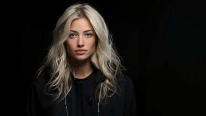 Fototapeta premium Blonde sinnliche erotische Frau im dunklen Licht Porträt im Querformat für Banner, ai generativ