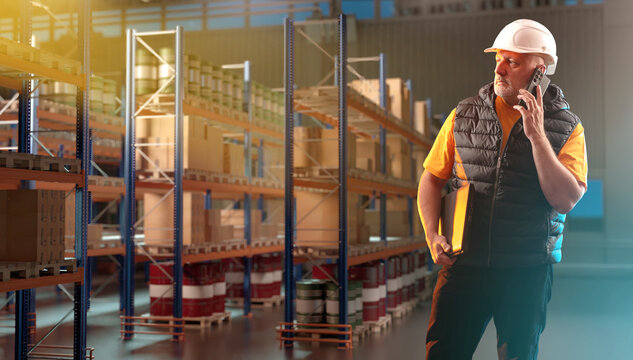Warehouse manager. Man is standing in storage hangar. Manager of storehouse company makes phone call. Guy in building with warehouse racks. Supervisor calls contractor. Storage accounting specialist