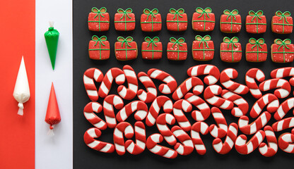 Christmas colored handmade gingerbread cookies, top view.