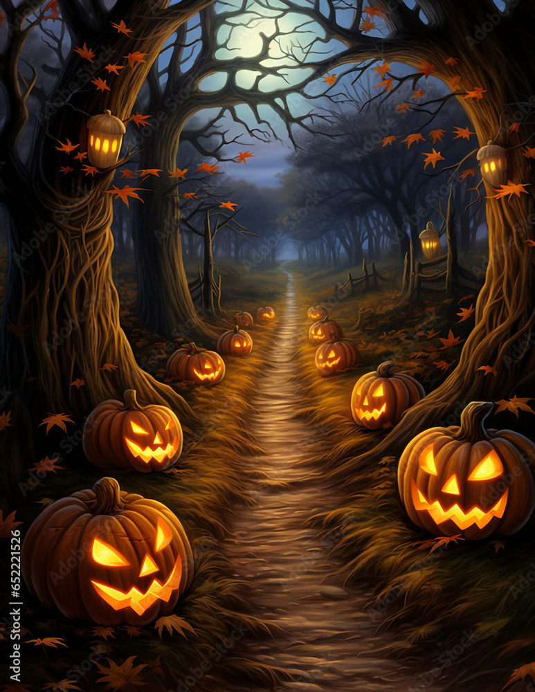 Wall mural halloween haunted forest creepy landscape at night