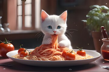 Adorable pink and white kitten Eating Spaghetti (JPG 300Dpi 9600x6400)