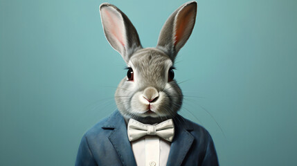 Gray rabbit wearing a suit