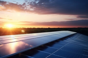 Big solar panels on top of a building in sunset. Generative AI