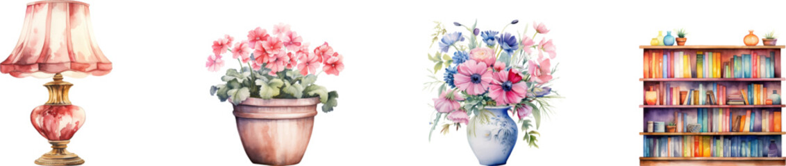 Set of table lamp, flower pot, flower vase, bookcase, watercolor on white background.