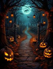Halloween haunted forest creepy landscape at night