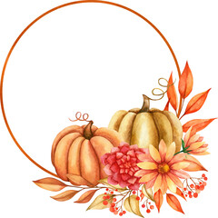 Watercolor round  of autumn leaves, flowers and pumpkins. Cute and cozy illustration