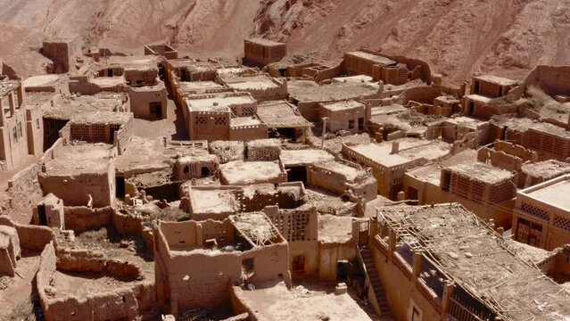 Overview of Tuyoq Xinjiang, Tuyuk aerial of oasis-village in the Taklamakan desert, Flaming Mountains, Xinjiang Uighur, Region of China; Tuyoq valley