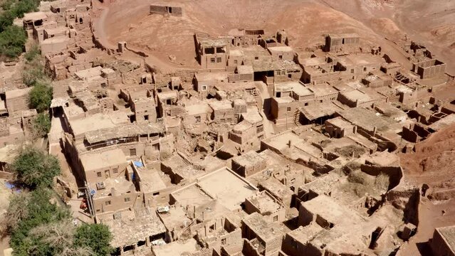 Tuyoq valley establishment overview in Xinjiang, Tuyuk aerial of oasis-village in the Taklamakan desert, Flaming Mountains, Xinjiang Uighur, Region of China.
