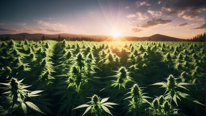Marijuana farm with sunset in background. Highly detailed and realistic concept design illustration - obrazy, fototapety, plakaty