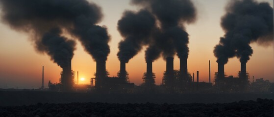 Factory chimneys with huge smoke causing air pollution. Highly detailed and realistic concept design