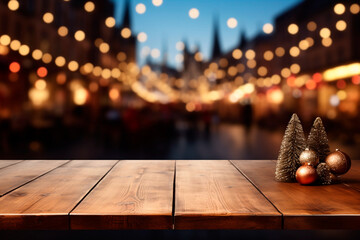 Empty wooden table in front of abstract blurred Christmas light background for product display in a coffee shop, local market or bar - obrazy, fototapety, plakaty