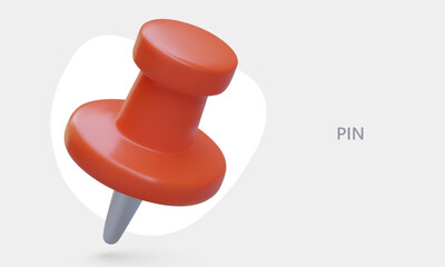 Realistic red paper pin, thumbtack. Bright modern stationery. Color poster in cartoon style. Reminder, label, pointer. Concept for web design. Place for text