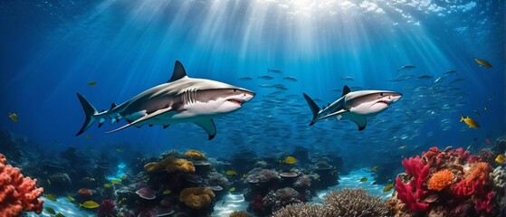 White shark underwater with colorful coral reef. Closeup Extremely detailed and realistic design