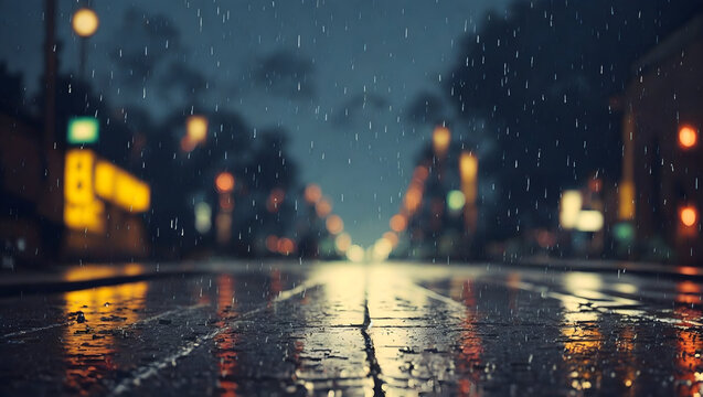 Rain on road at Night with blurred lights background, time lapse of cars moving in the city , high quality photo 