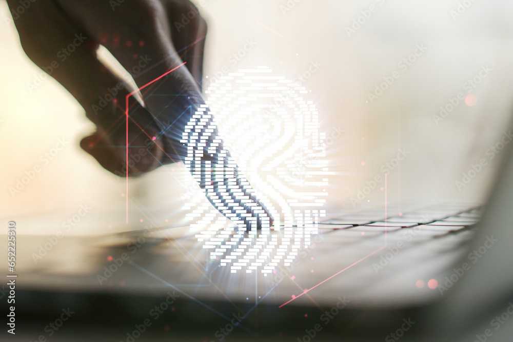 Aufkleber multi exposure of abstract fingerprint scan interface with hands typing on computer keyboard on back