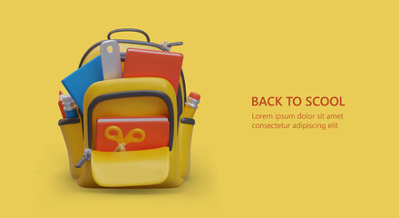 3D backpack filled with school supplies. Advertising poster on bright yellow background. Place for text. Back to school. Autumn sale announcement. Commercial store banner. Discounts for students - obrazy, fototapety, plakaty