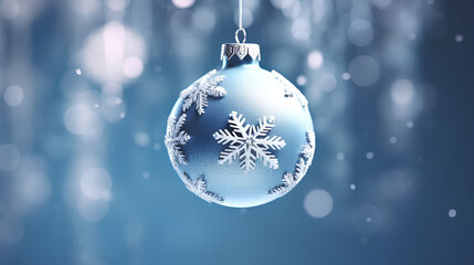 Fototapeta na wymiar Hanging Christmas Ball on Blue Background with Defocused Lights.