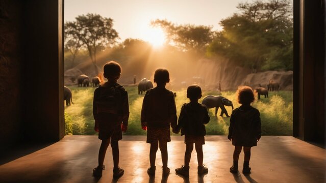 Children watching animals in the Zoo. Extremely detailed and realistic concept design illustration