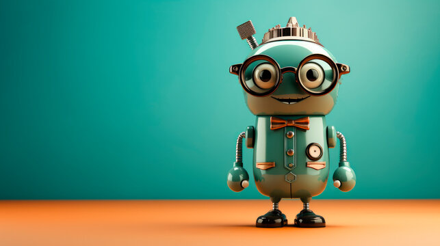 Little cute robot teacher with a glasses. Future education technologies concept.
