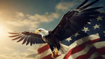 Naklejka premium Bald eagle flying over American flag with copy spacing Veterans Day. Memorial Day. Independence Day. Patriot Day. Banner