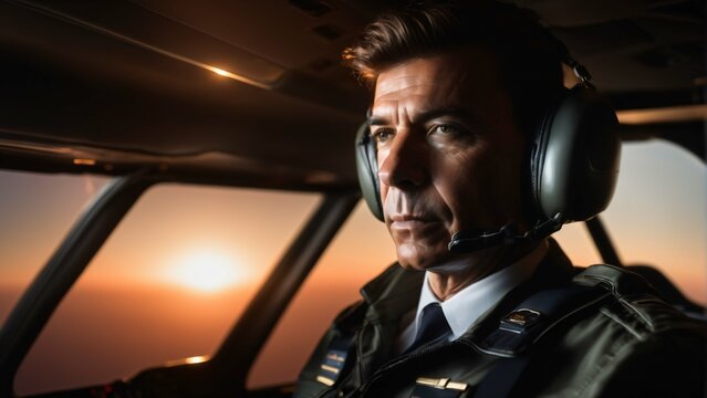 Pillote in cockpit with sunset in background. Extremely detailed and realistic high resolution illustration