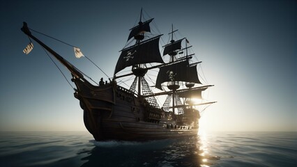Pirate ship at the sea. Black sails. Realistic and high resolution illustration