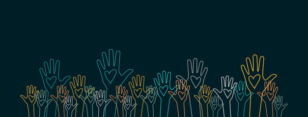 Raised hands. Volunteering, teamwork concert.