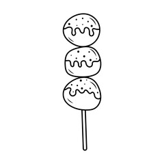 Japanese sweet mochi dango balls. Asian food mitarashi dango linear icon. Hand drawn doodle illustration.